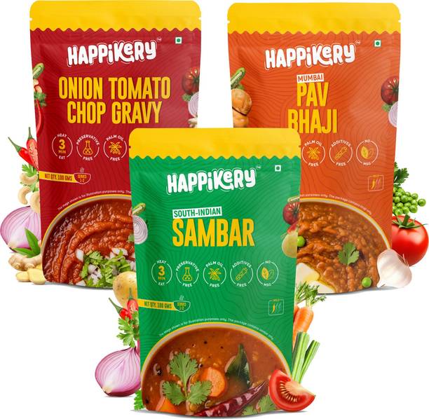 Happikery Ready to Eat Combo (Pav Bhaji-Sambar-OT), Upto 1-2 Servings, Ready In 3 Mins
