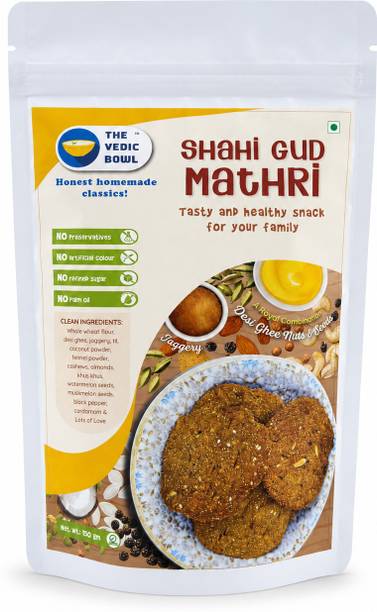 The Vedic Bowl Shahi Gud Mathri 150g | Whole Wheat Jaggery Snack with Desi Ghee & Nuts