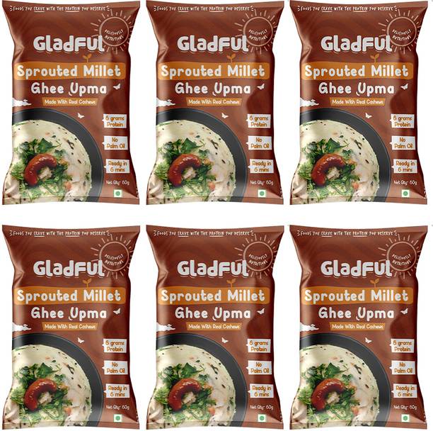 Gladful High Protein Instant Upma Mix Made with Sprouted Millet, Ghee & Cashew Suji/Rawa 60 g