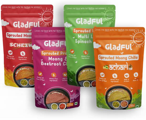 Gladful Sprouted Moong High-Protein Achari, Schezwan, Beetroot, Spinach Chilla/Dosa Mix, 200 g