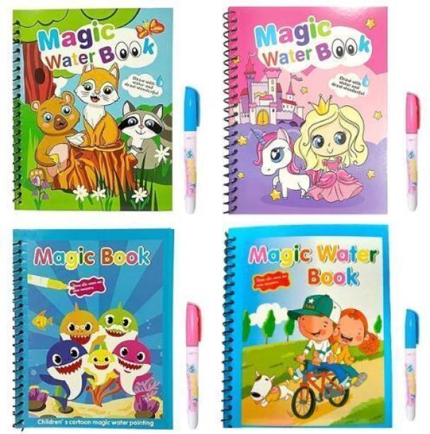 Magic Water Colouring Book For Kids | Reusable Painting Children's Cartoon Images With Water Pen | Pack Of 4