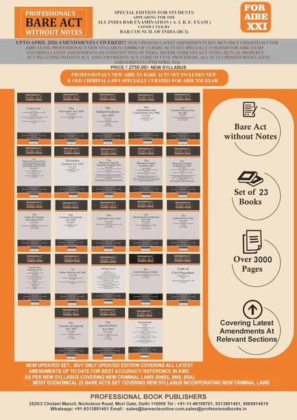 NEW SYLLABUS PROFESSIONAL'S AIBE 23 Bare Acts Set Without Notes, Set Of 23 Books Combo As Per Bar Council Of India Guidelines Covering New And Old Criminal Laws/ Latest Amendments