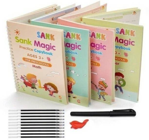 New Kids Practice Magic Book For Kids (4 Books + 10 Refills), Numbers, Drawing, Math, Alphabet, Math For Preschoolers With Pen