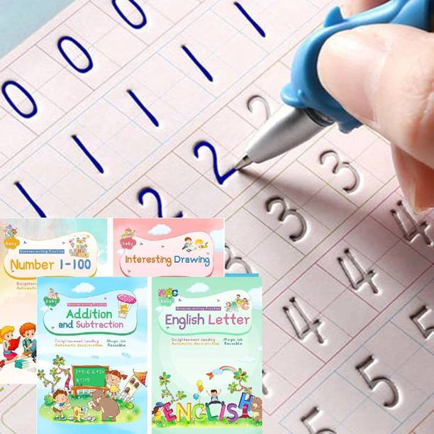 Magic Ink Copybooks For Kids Reusable Handwriting Workbooks For Preschools Grooves Template Design And Handwriting Aid Magic Practice Copybook For Kids The Print Writing (4 Books With Pens)
