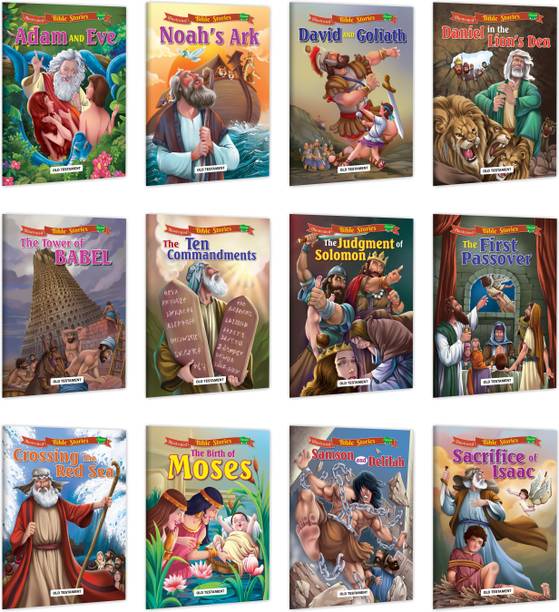 Adam and Eve, Crossing the Red Sea, Daniel in the Lion’s Den, David and Goliath, Noah’s Ark, Sacrifice of Isaac, Samson and Delilah, The Birth of Moses,The First Passover, The Judgment of Solomon, The Ten Commandments and The Tower of Babel Books for kids : Story books for kids, Bible story books for kids, Children story book | Set of 12 Bible story Books.
