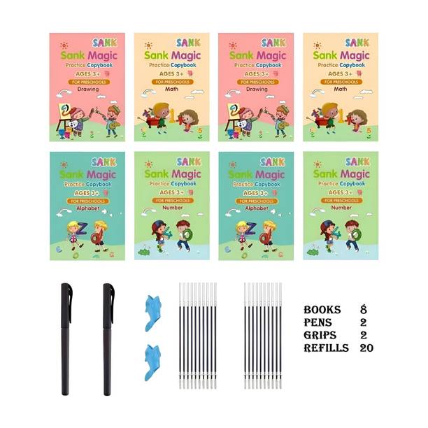 Sank Magic Practice Copybook Set – Reusable Handwriting Books For Kids | Alphabet, Numbers, Math & Drawing | 8 Books + 2 Pens + 20 Refills + 2 Grips | Ages 3+ | Preschool Learning Kit