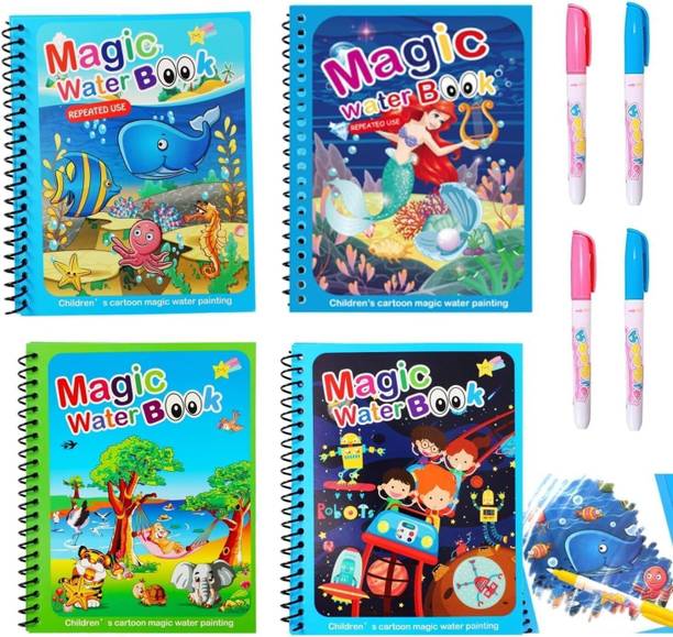 WildBooks - 4-Pack Water Magic Coloring Books with Refillable Pens - No-Mess Water Reveal Activity Book Set for Kids - Reusable & Travel-Friendly