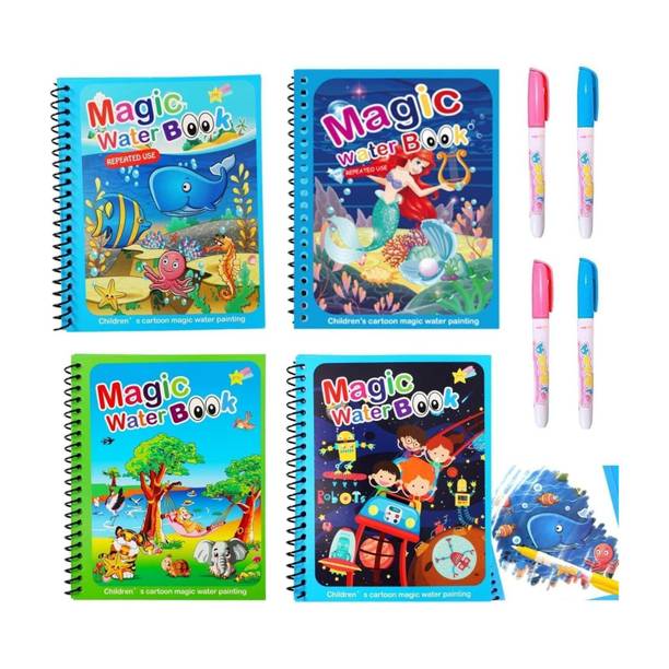 WildBooks - 4-Pack Water Magic Coloring Books with Refillable Pens - No-Mess Water Reveal Activity Book Set for Kids - Reusable & Travel-Friendly