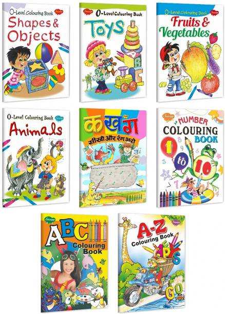 Set Of 8 Colouring Books For Children | '0' Level Shapes & Objects, Toys, Fruits & Vegetables, Animals, Hindi Alphabet Colouring Book, Number Colouring Book 1 To 10, A B C Colouring Book, A-Z Colourin