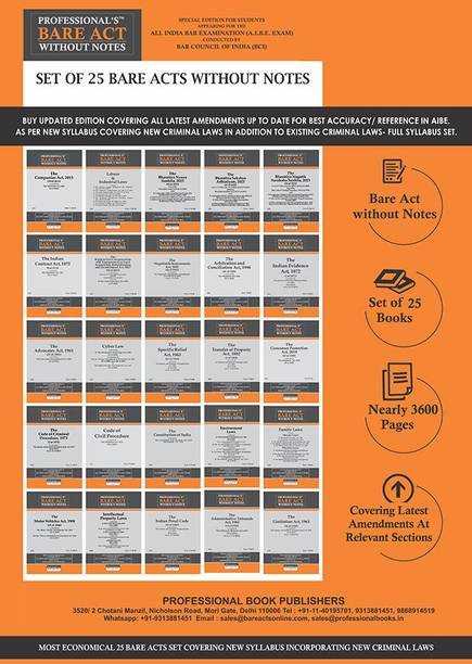 AIBE Exam 25 Bare Acts Set Without Notes As Per New Syllabus, Complete Set Of 25 Books Combo As Per Bar Council Of India Guidelines Covering Latest Up To Date Amendments- Covering New Criminal Laws & Full Syllabus Economy Edition