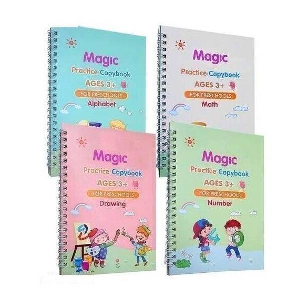 4 PCS Magic Practice Copybook For Kids, English Reusable Magical Copybook Kids, Tracing Book, Magic Calligraphy Copybook Set Practical Reusable Writing Tool Simple Hand Lettering