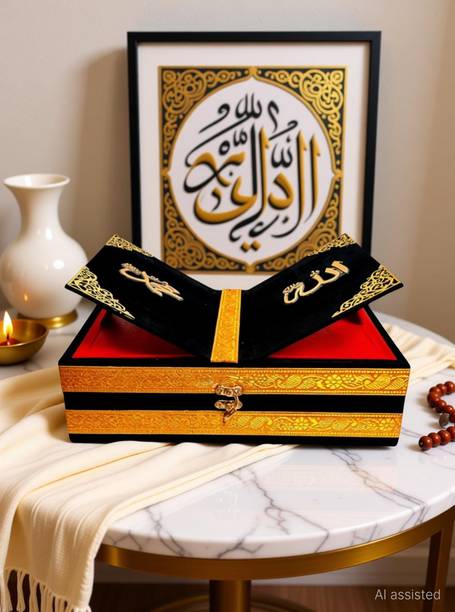 SUNDUS LIKE Black Velvet Quran Box attached with Rehal|Storage Box|Rehal Wooden, Velvet Black Book Rest
