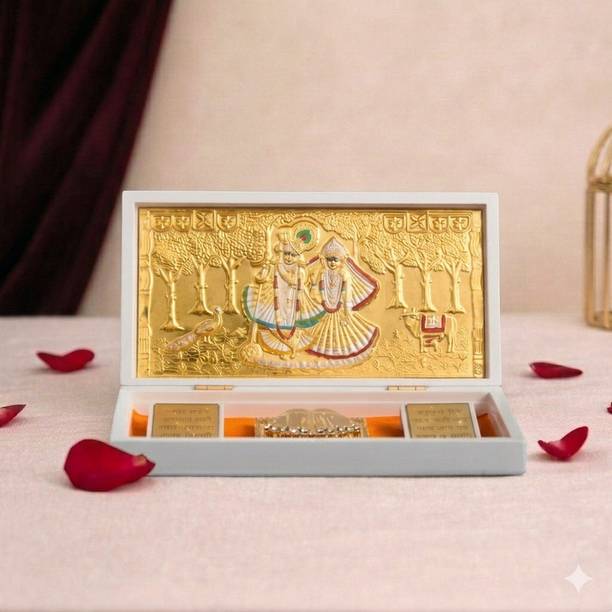 STARLIGHT 24K Gold Plated Radha Krishna Charan Frame – Premium Pooja Gift Decorative Showpiece - 12 cm