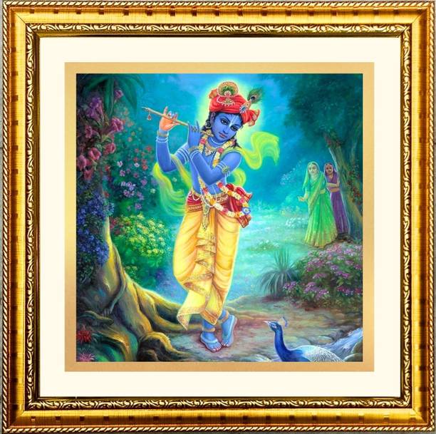 HitechMart Square Lord Krishna Golden Color Wall Photo Frame (F12819) Religious Frame