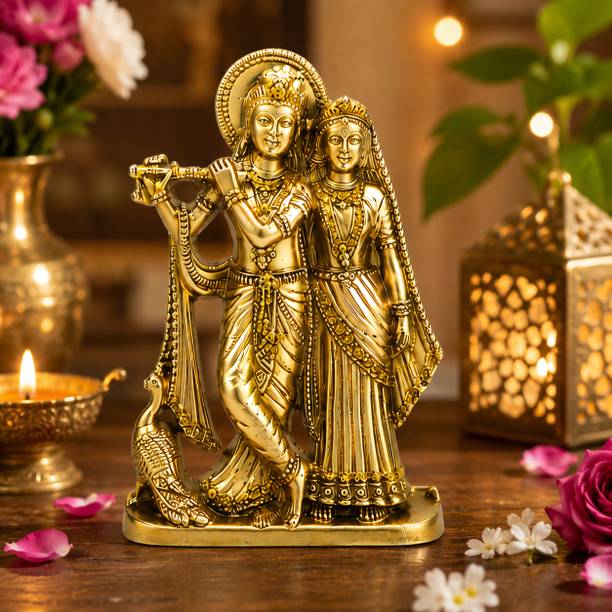 Nanhistore Radha Krishna Idol Statue Gold Plated Decorative for Home Temple Pooja Office Decorative Showpiece  -  9 cm