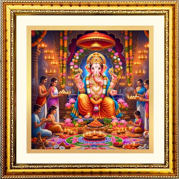 HitechMart Square Lord Ganesha Golden Color Wall Photo Frame (F12683) Religious Frame
