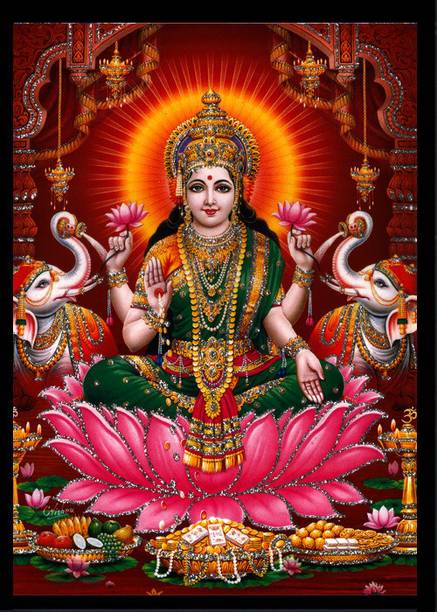 Deshkart GAJALAKSHMI MATA Sparkled Laminated Photo 5x7 in on Wood Base+Back Support Mount Religious Frame
