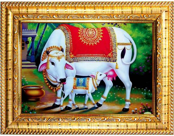 HAWAI Kamdhenu Cow Designer Golden Wall Hanging Wood Photo Frame (8.5x6.5inch) Religious Frame