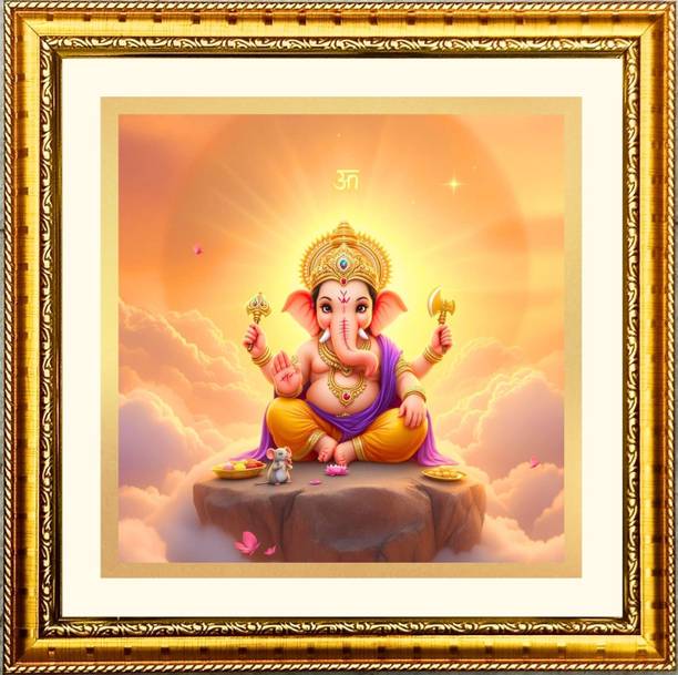 HitechMart Square Lord Ganesha Golden Color Wall Photo Frame (F13058) Religious Frame