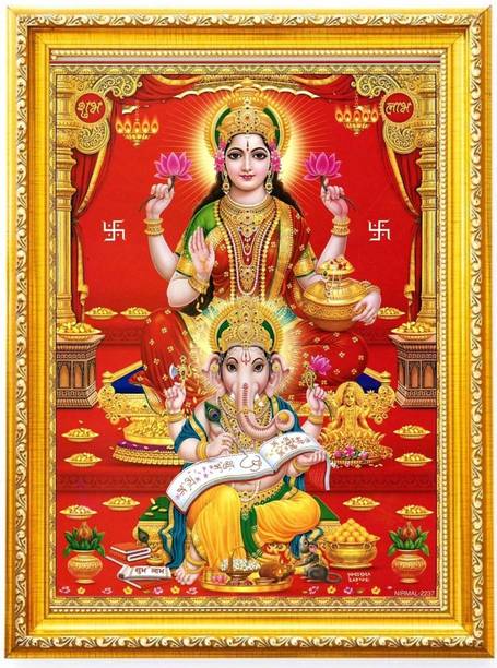 AkritiFrame Goddess Lakshmi with Lord Ganesha golden Photo frame(6x8inch0 Laminated) Religious Frame