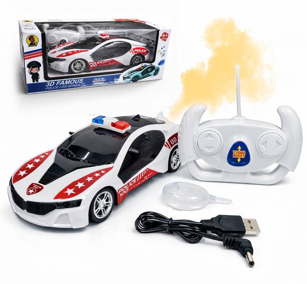 twist turn Rechargeable RC Police Car Toy with Realistic Smoke Effect, LED Lights & Siren