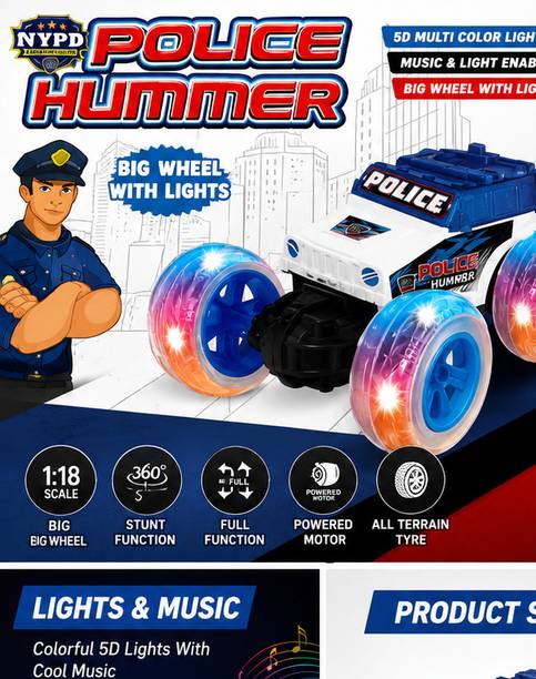 BrainBeeToys Police Hummer Big Wheel Stunt Car with Lights & Music