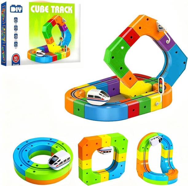 Playlogic Toy DIY Cube Track Magic Rail Train Set, 51 PcsTrack Toy for Kids