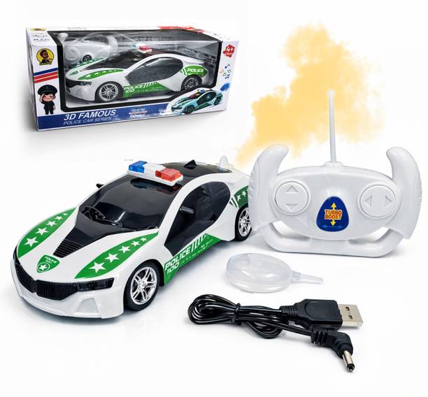 twist turn Rechargeable RC Police Car with LED Lights, Sound & Smoke Effect