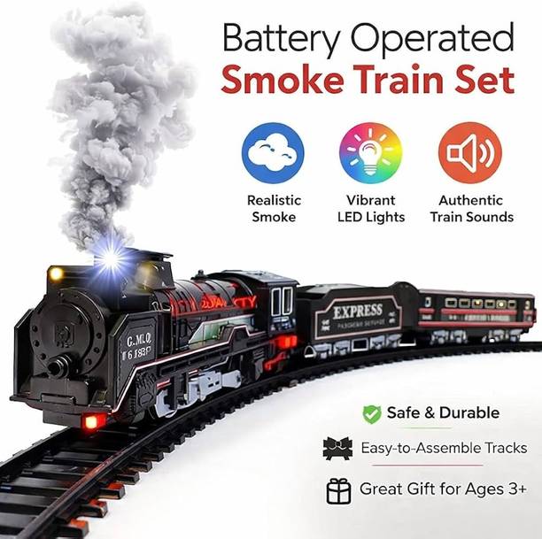 Yuven Kids Battery Operated Toy Train with Smoke, Music & Easy Track Assembly