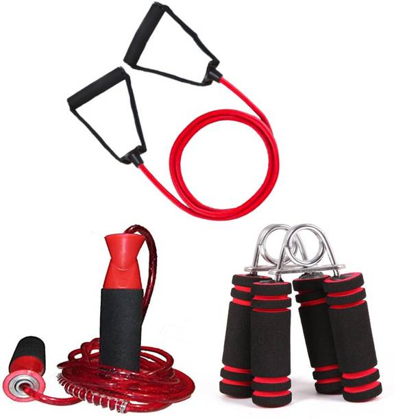 AJRO DEAL GYM Combo of 3-Single Toning Tube, Hand Grip With Skipping Rope. रेजिस्टेंस ट्यूब