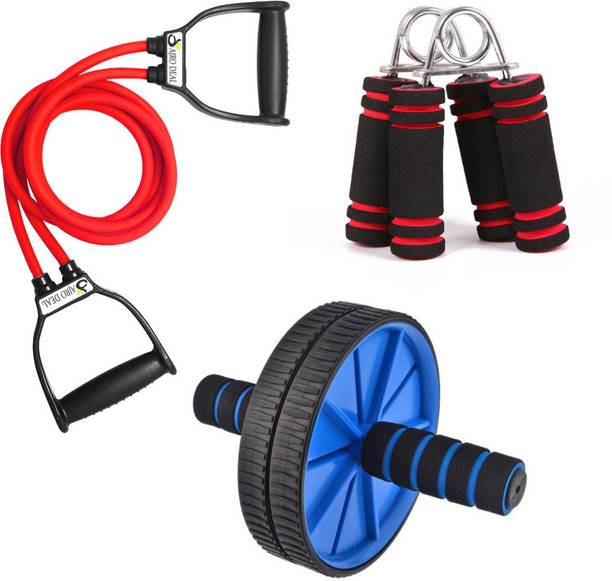 AJRO DEAL GYM Combo of 3- Double Toning Tube, Hand Grip With AB Wheel Roller Gym Combo. रेजिस्टेंस ट्यूब