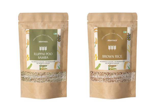 ARANYAKA Sona Masoori Brown Rice and Iluppai Poo Samba Rice | 1 kg Each | Brown Raw Rice (Medium Grain, Unpolished)