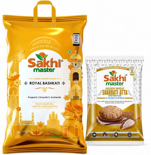 Sakhi Master Royal Bashkati Rice 5kg + 1 KG Sharbati Whole Wheat Atta Combo Banskati Rice (Long Grain, Parboiled)