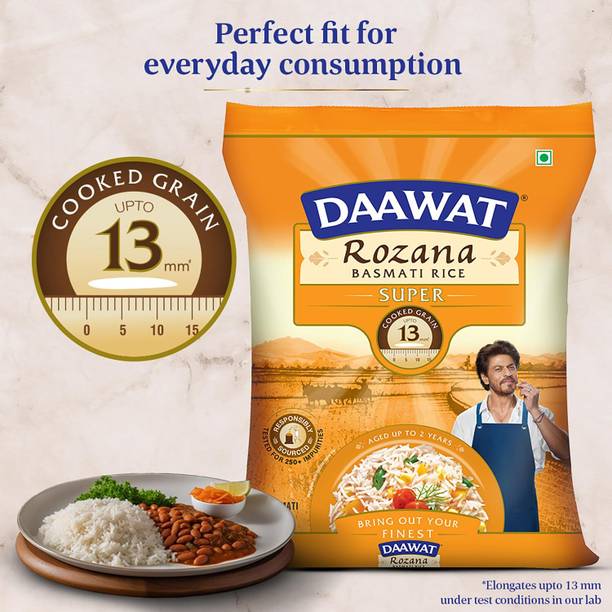 Daawat Rozana Super Basmati Rice 5Kg|Cooked Grain Upto 13mm*| Naturally Aged|C Basmati Rice (Medium Grain, Raw)