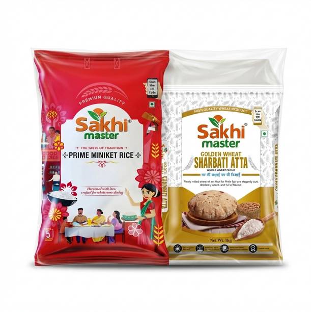 Sakhi Master Premium Miniket Rice 5KG & Sharbati Atta 1KG Combo Minikit Rice (Medium Grain, Parboiled)