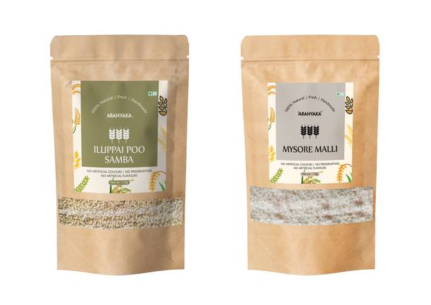 ARANYAKA Iluppai Poo Samba Rice and Mysore Malli Rice | 1 kg Each | Raw, Brown Boiled Rice (Medium Grain, Unpolished)