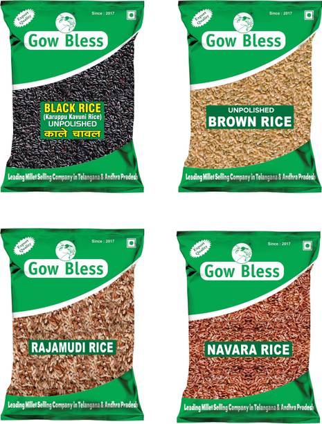 Gow Bless Rice Combo (Black Rice, Brown Rice, Navara Rice, Rajamudi Rice) – 4kg (1kg Each) Black Everyday Rice (Medium Grain, Unpolished)