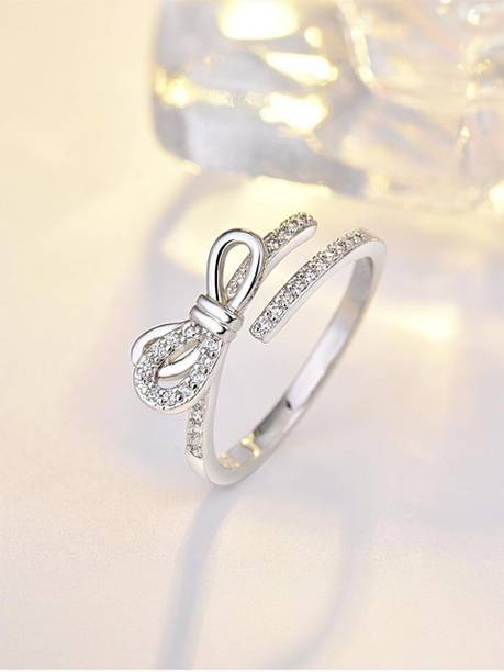 Stylish Bow Design Adjustable Ring For Women & Girls Stainless Steel Swarovski Crystal Silver Plated Ring