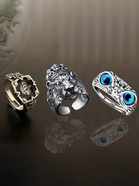 Syfer Lion Ring, Owl Ring, KIng Crown Ring for Men and Women (3 Rings Combo) Stainless Steel Silver Plated Ring Set