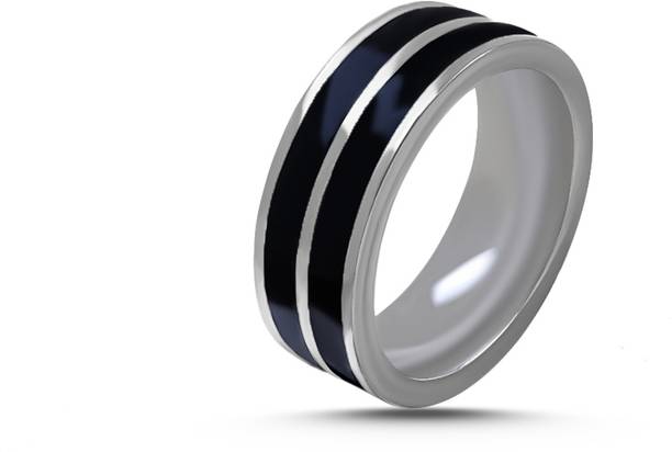 house of common Silver plated with 2 black design strips stainless steel ring for men and boys Stainless Steel Rhodium Plated Ring