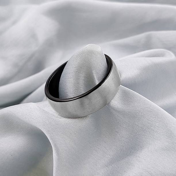 GiftsNests Beautiful Two Tone Black Tungsten Ring with Wide Finish Exterior Band. Stainless Steel Rhodium Plated Ring