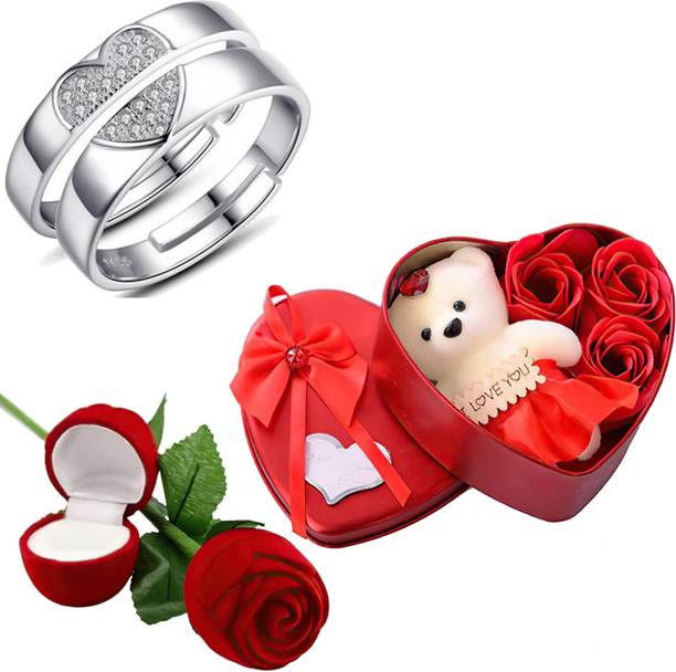 Thrillz Valentine Gift For Girlfriend Silver Ring For Women Red Rose Heartbox Stainless Steel Cubic Zirconia Silver Plated Ring