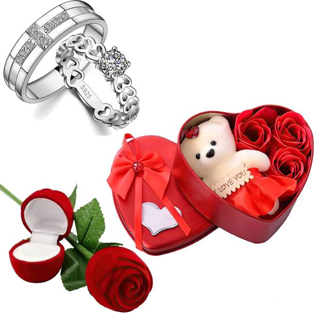 Thrillz Valentine Gift For Girlfriend AD Silver Ring For Women Girls Red Rose Heartbox Stainless Steel Cubic Zirconia Silver Plated Ring