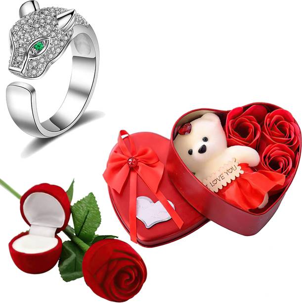Thrillz Valentine Gift For Girlfriend AD Silver Ring For Women Girls Red Rose Heartbox Stainless Steel Cubic Zirconia Silver Plated Ring