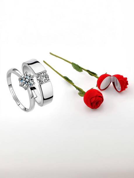 Valentine Day Gift Couple Ring With Beautiful Red Rose Box Alloy Cubic Zirconia Platinum Plated Ring Set