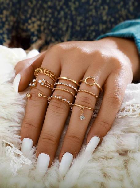 8 Pcs White Crystal Drop Heart Ring Set For Women And Girls Alloy Gold Plated Ring Set