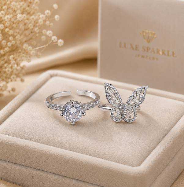 Women Adjustable Butterfly & Solitaire Crystal Ring Combo Set pack of 2) Stainless Steel, Alloy, Silver Crystal Silver Plated Ring