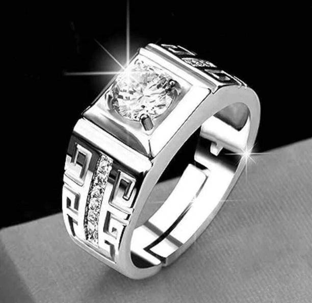 SPYRONIX REAL TREASURE Men's Stylish Geometric Design Solitaire Ring Stainless Steel Cubic Zirconia Silver Plated Ring