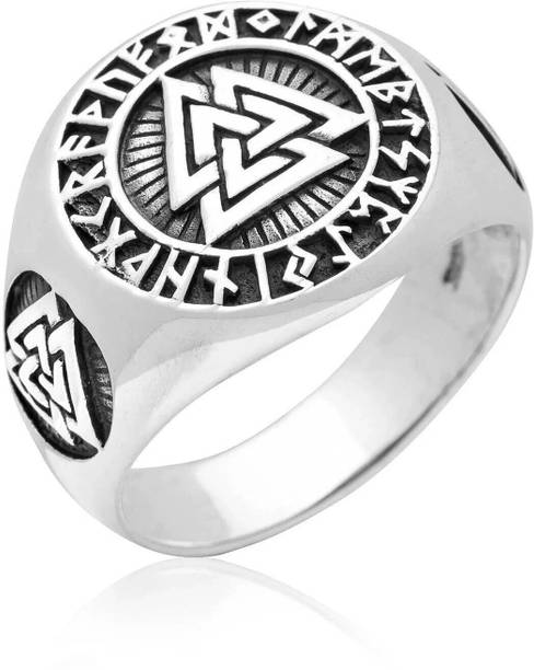 Pure Titanium Steel Ring - Silver Triple Valknut Ring with Rune Circle Symbol Stainless Steel Ring