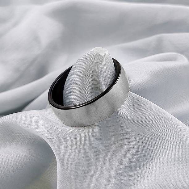 Saizen Beautiful Two Tone Black Tungsten Ring with Wide Finish Exterior Band. Stainless Steel Rhodium Plated Ring